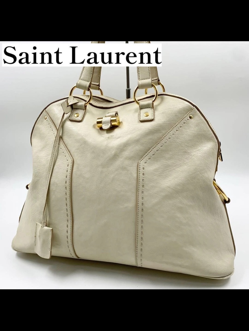 Saint Laurent Ivory Leather Double-Handle Tote with Gold Hardware